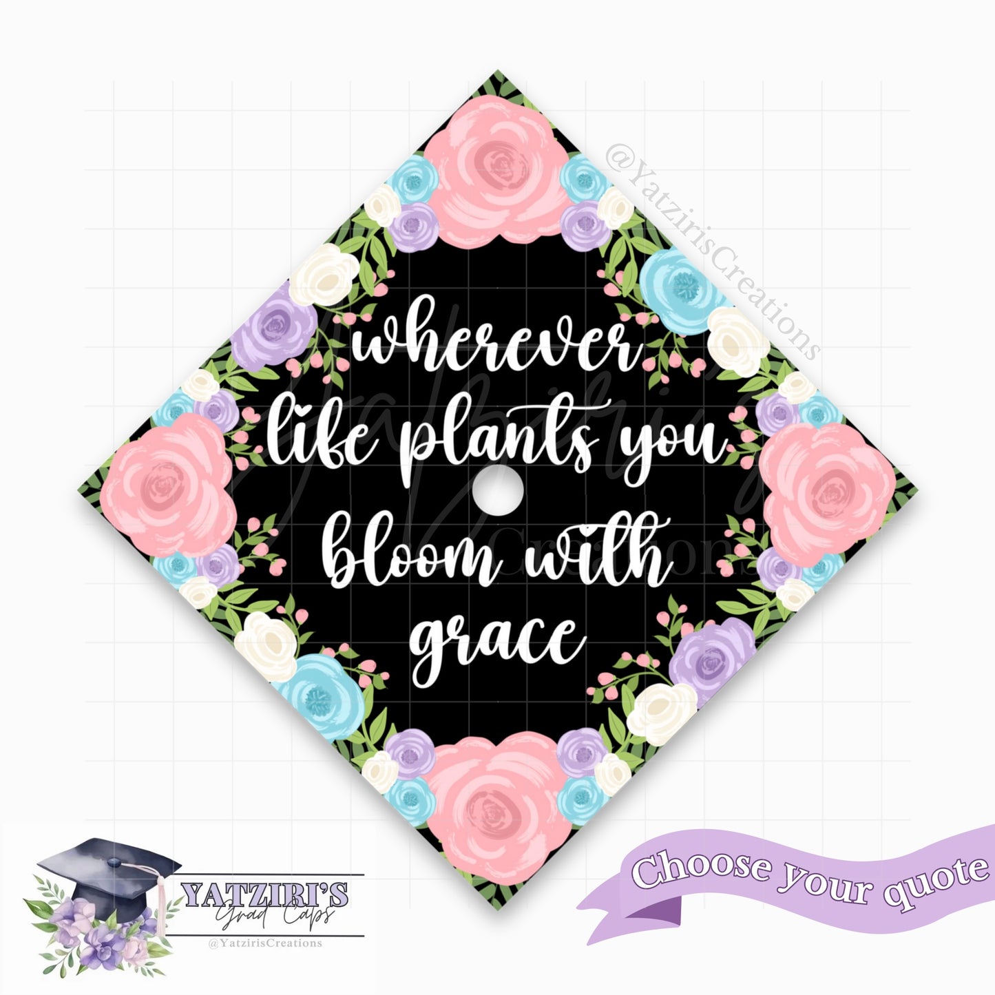 Pink Blue Floral Printed Graduation Cap Topper