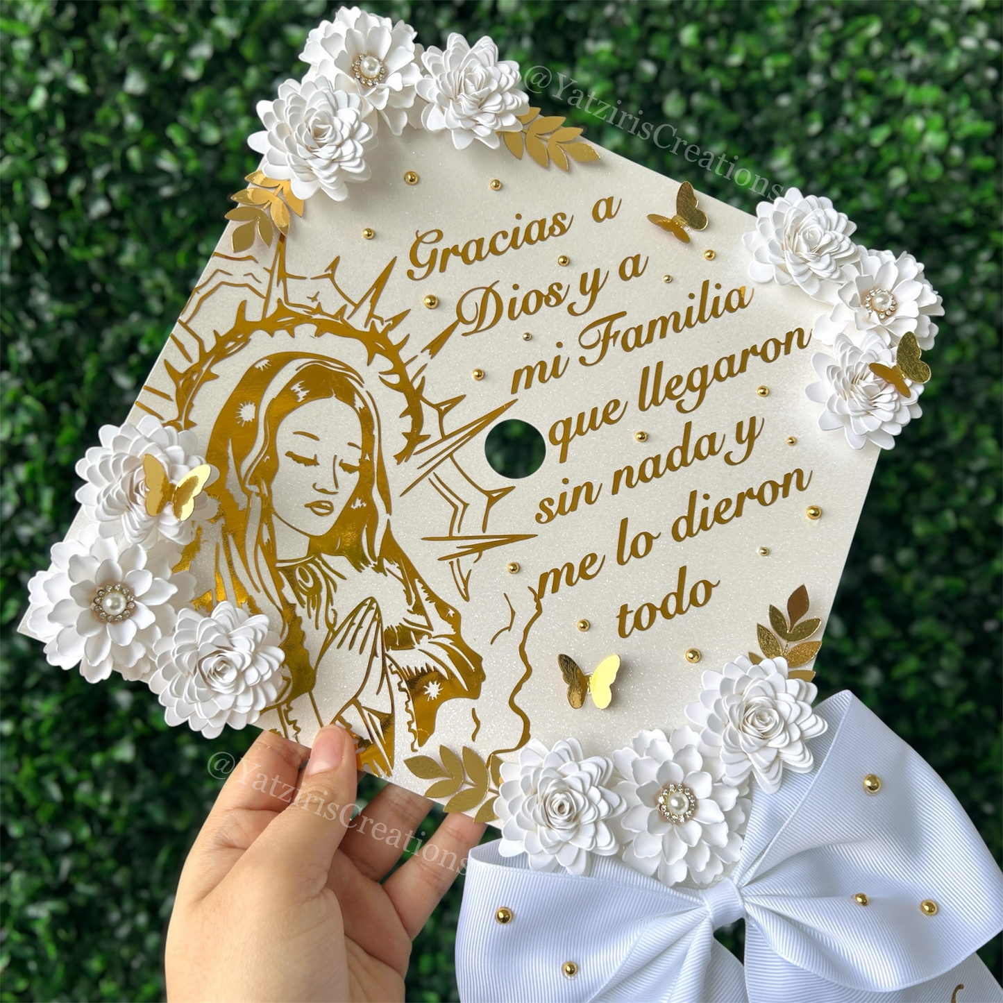 Virgencita Graduation Cap Topper White & Gold