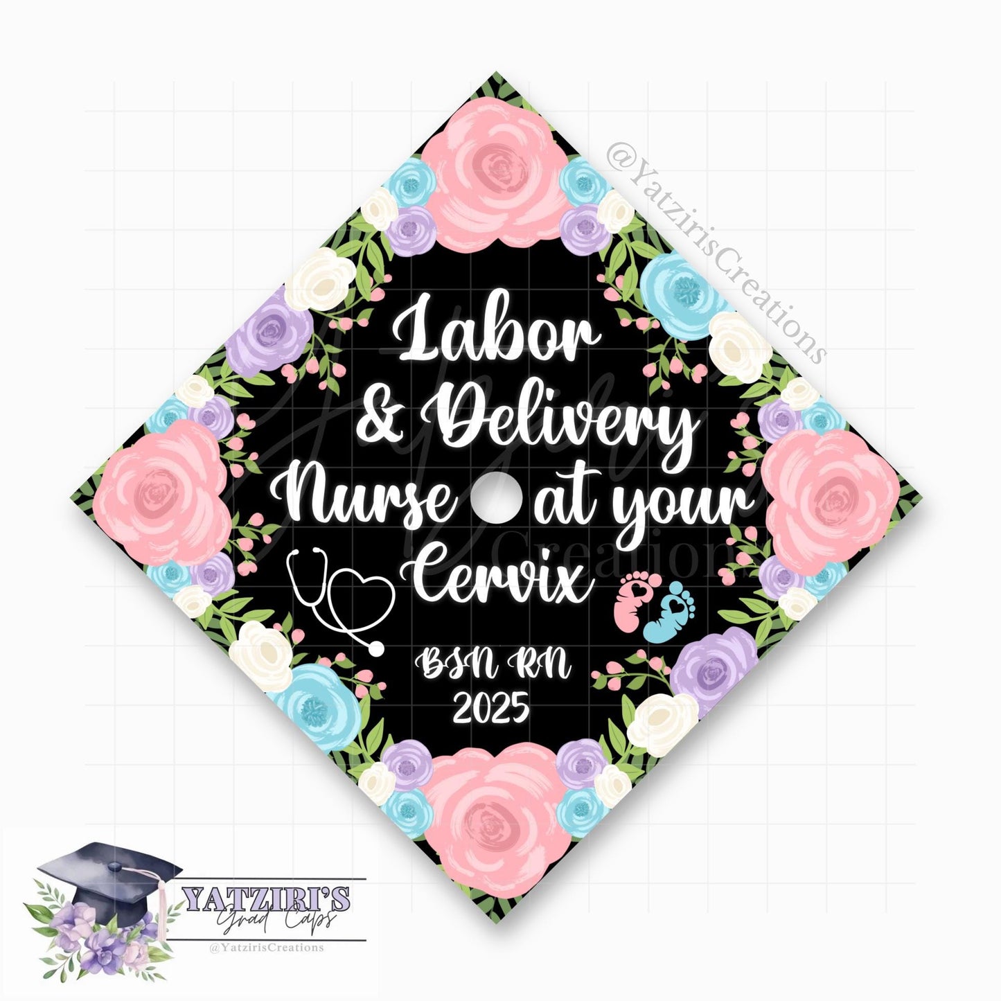 Floral Labor and Delivery Printed Graduation Cap Topper