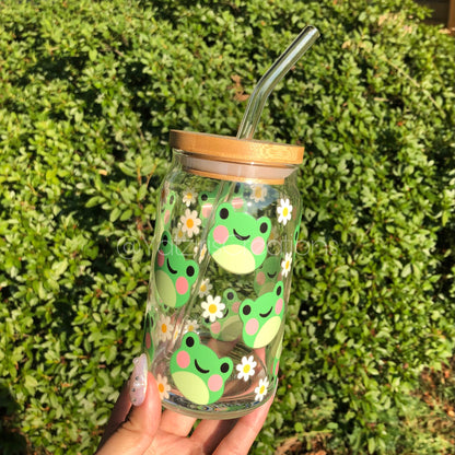 Floral Kawaii Frog Glass Can