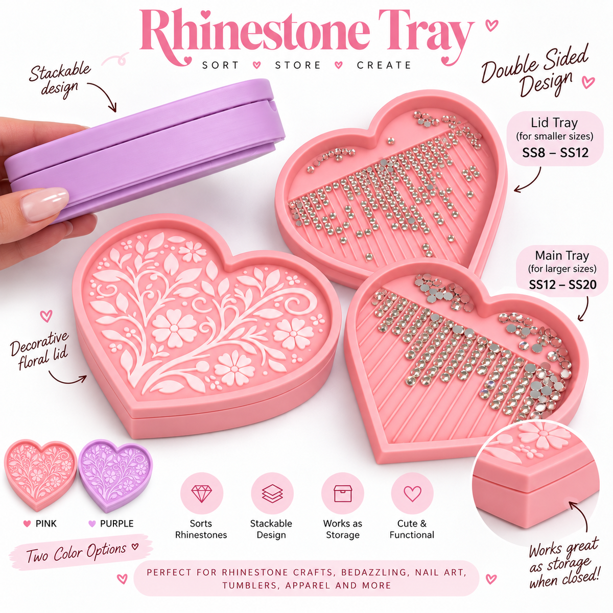 Heart Shaped Rhinestone Tray Double Sided