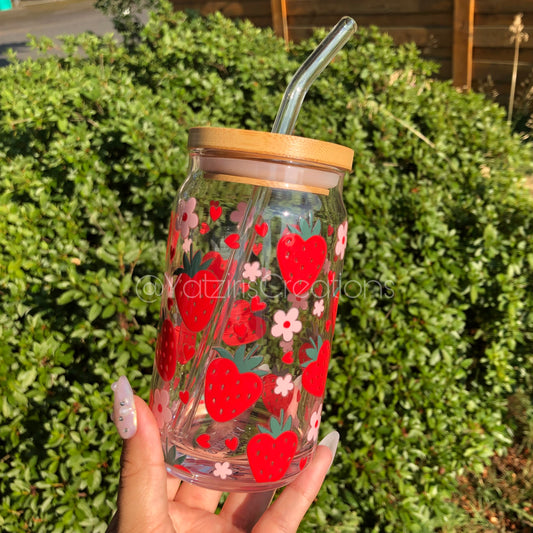 Floral Strawberry Glass Can