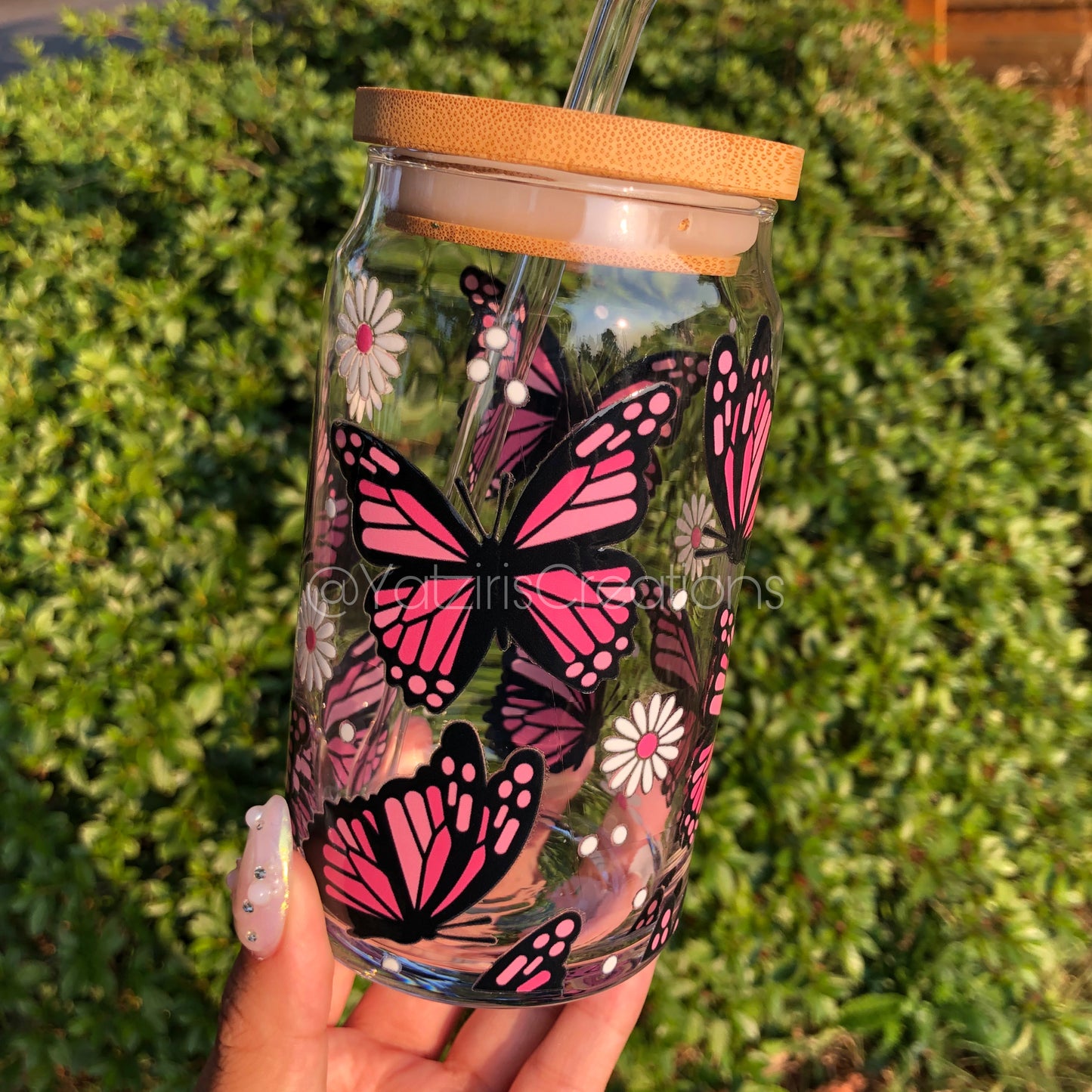 Pink Butterfly Glass Can