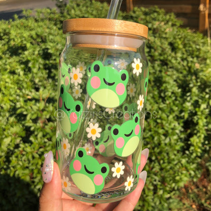 Floral Kawaii Frog Glass Can