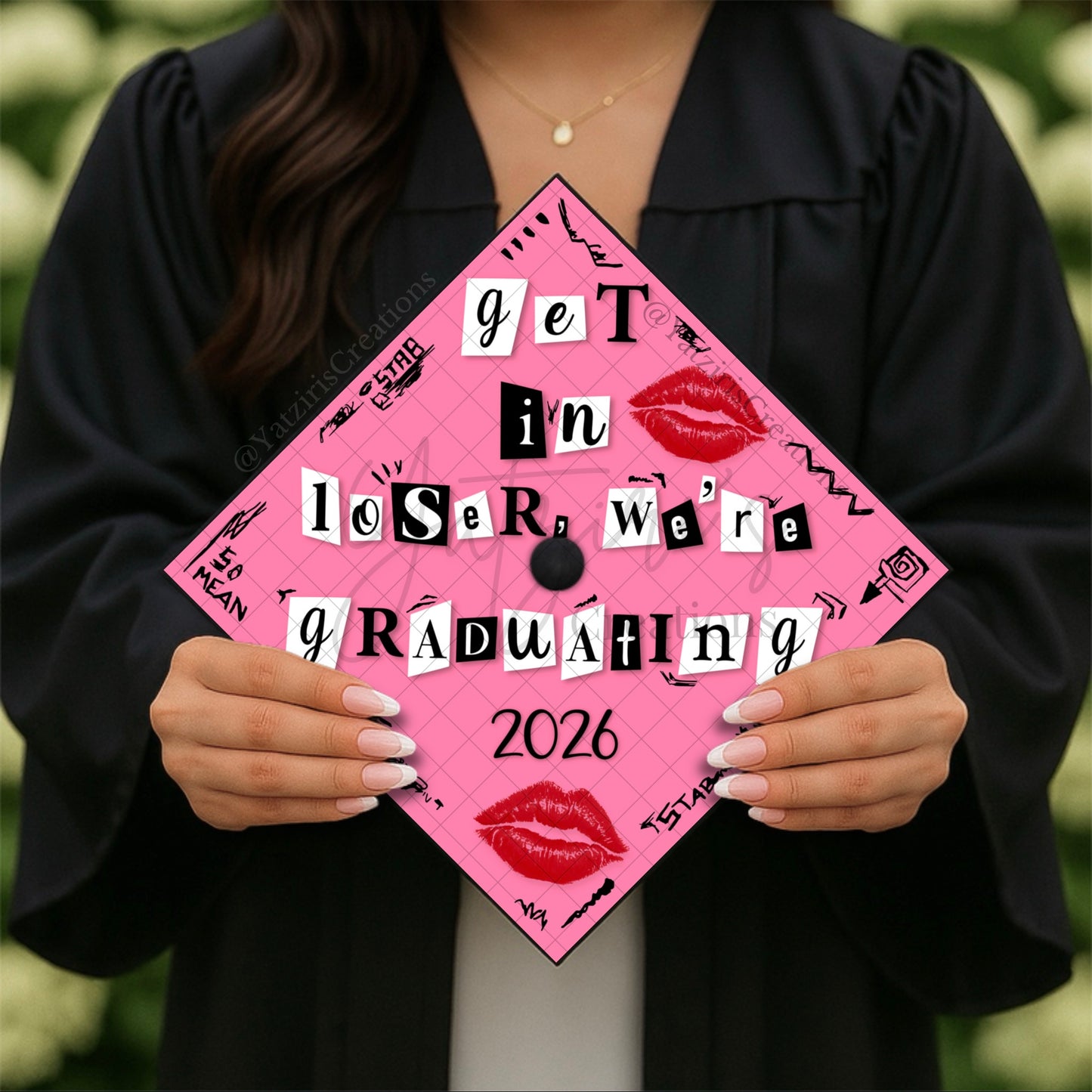 Get In Loser Pink Printed Graduation Cap Topper