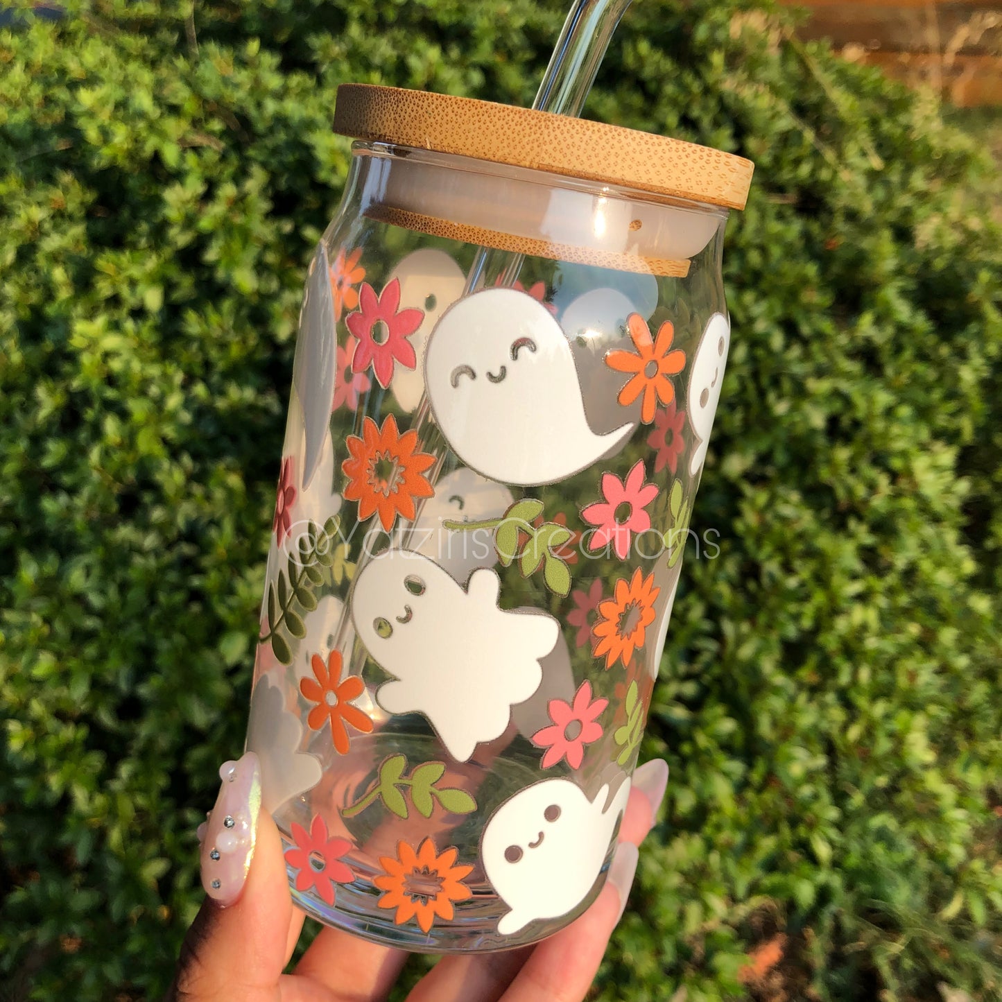 Floral Fall Ghost Glass Can