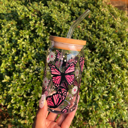 Pink Butterfly Glass Can