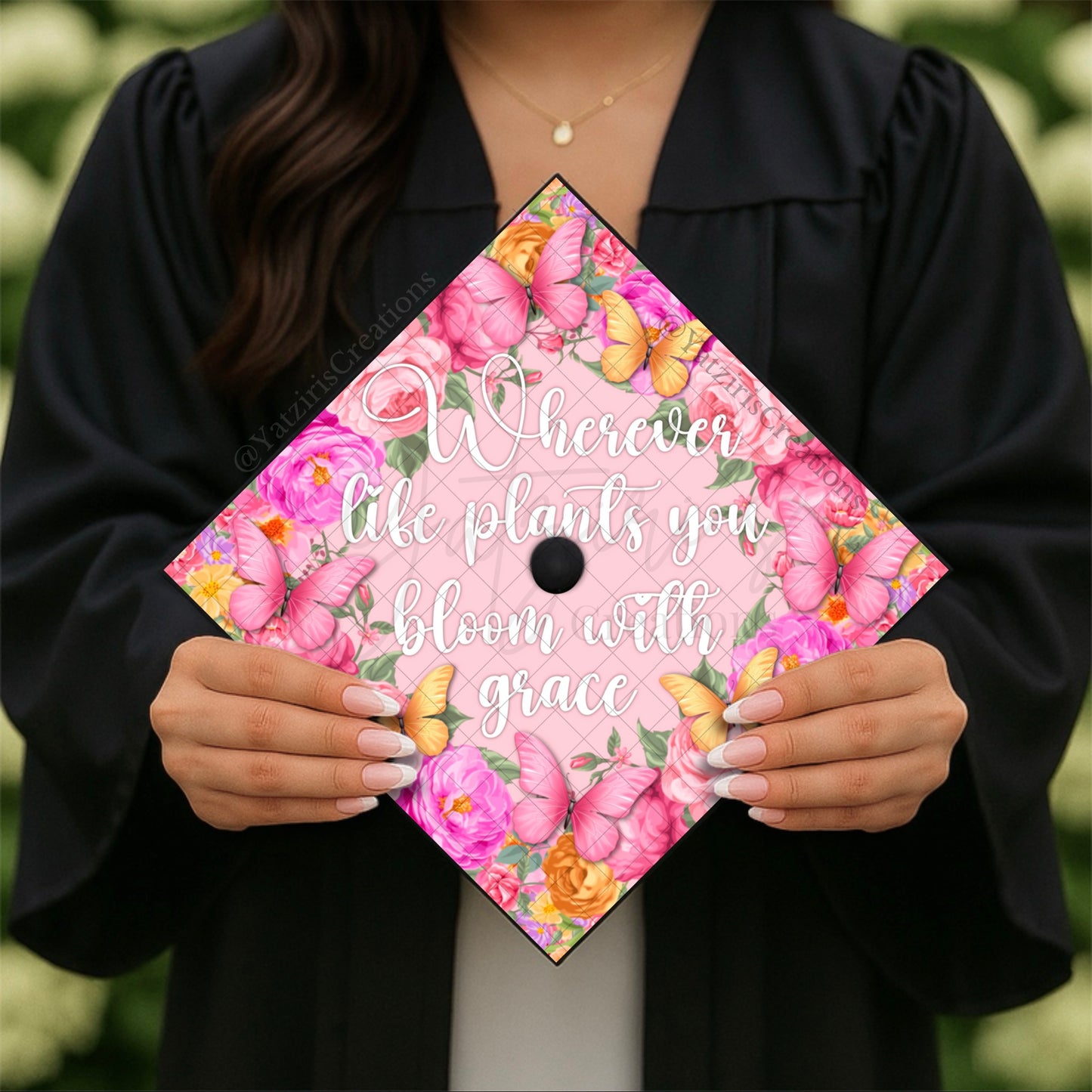 Pink Floral Butterfly Printed Graduation Cap Topper