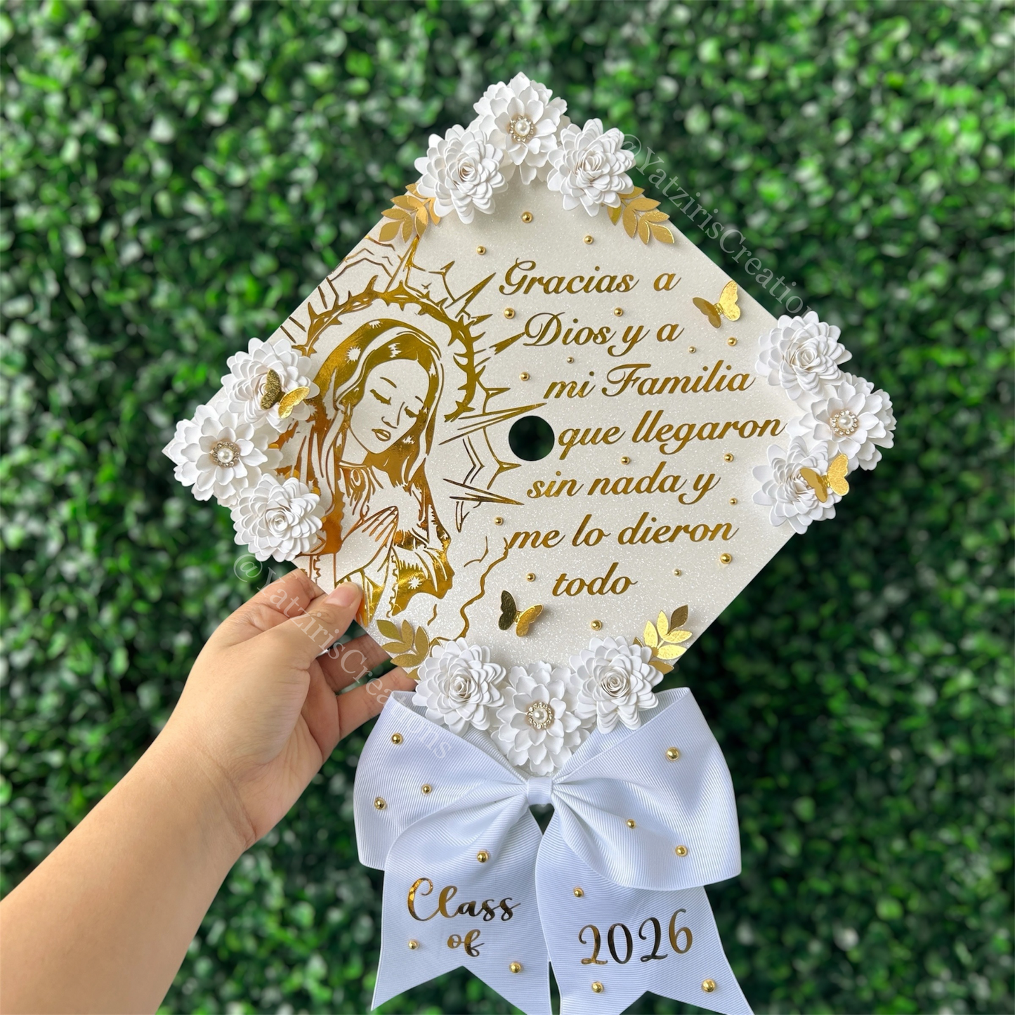 Virgencita Graduation Cap Topper White & Gold