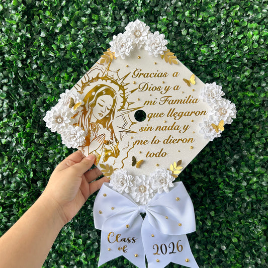 Virgencita Graduation Cap Topper White & Gold