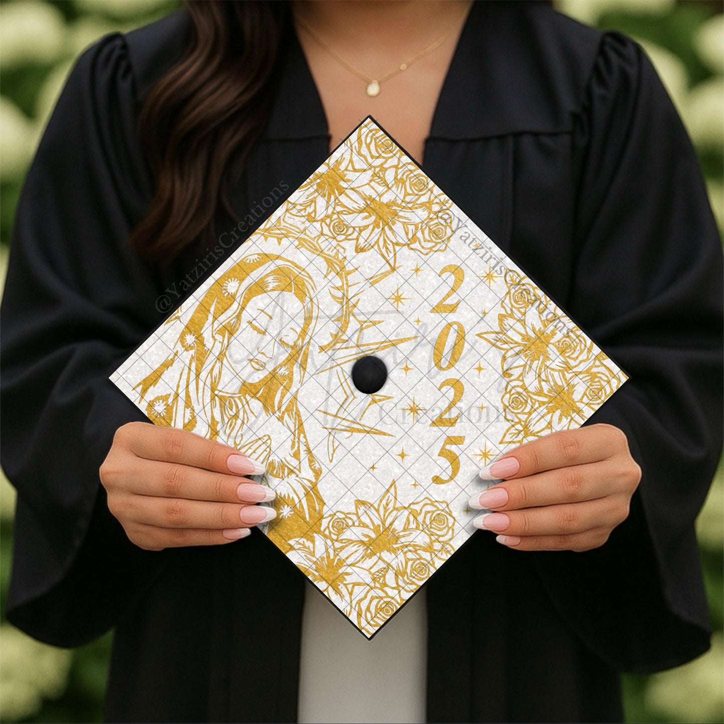 Virgin Mary Gold Printed Graduation Cap Topper