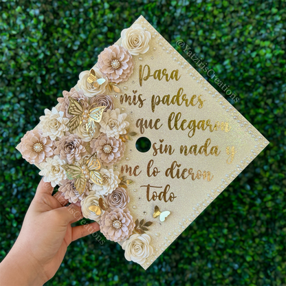 Personalized Graduation Cap Topper Beige & Gold