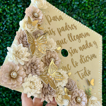 Personalized Graduation Cap Topper Beige & Gold